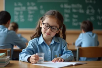 Jeune fille en uniforme bleu et lunettes en classe avec un verre doseur