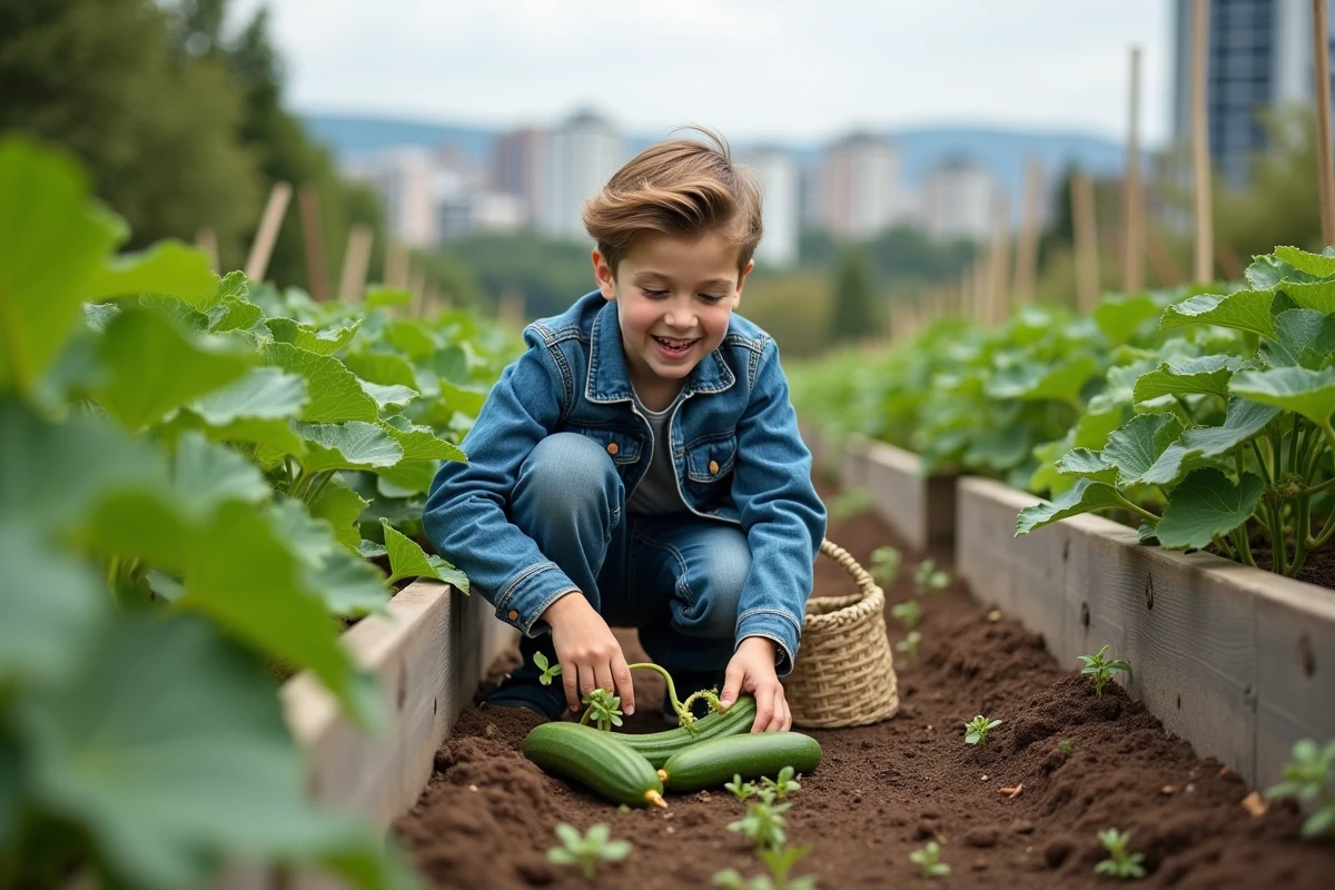 Adolescent cueillant zucchinis dans un jardin communautaire verdoyant