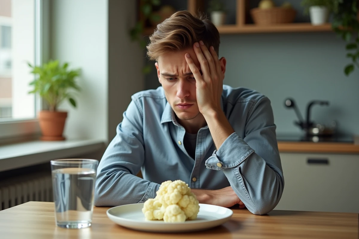 Jeune homme déçu regardant son chou-fleur trop cuit