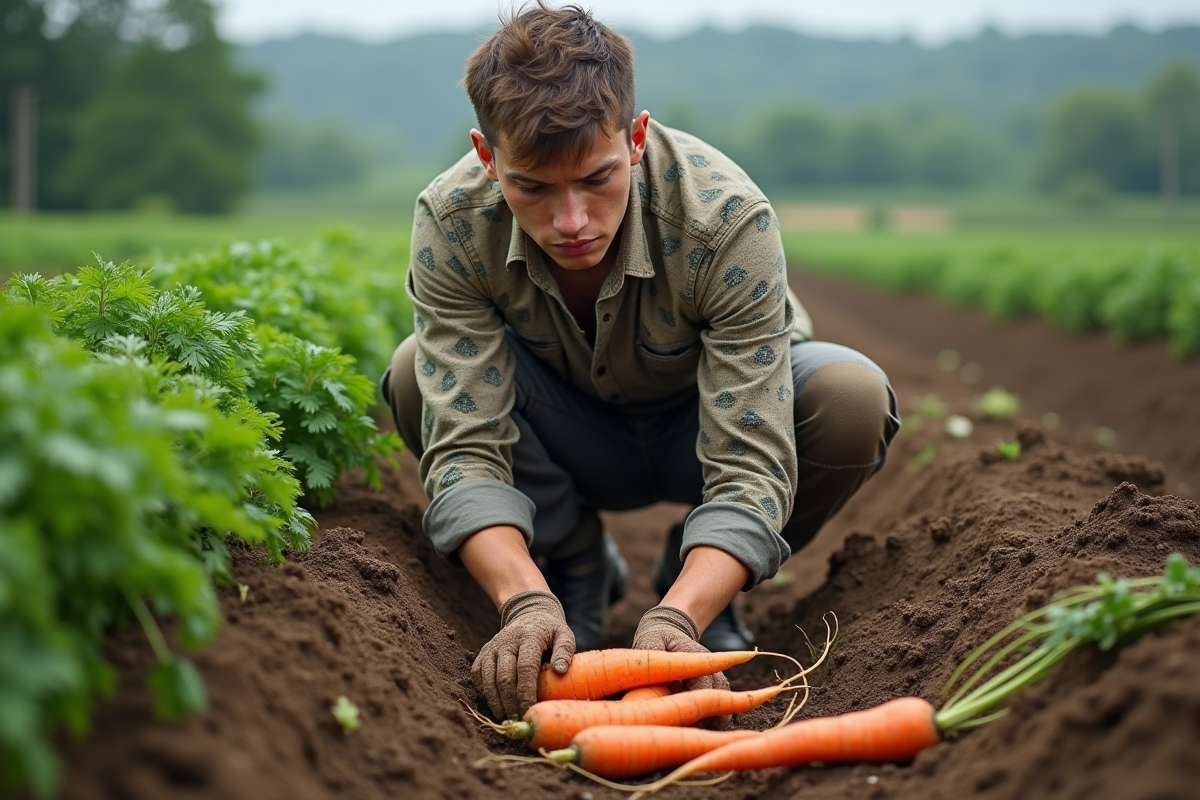 Jeune homme récoltant des carottes dans un champ humide