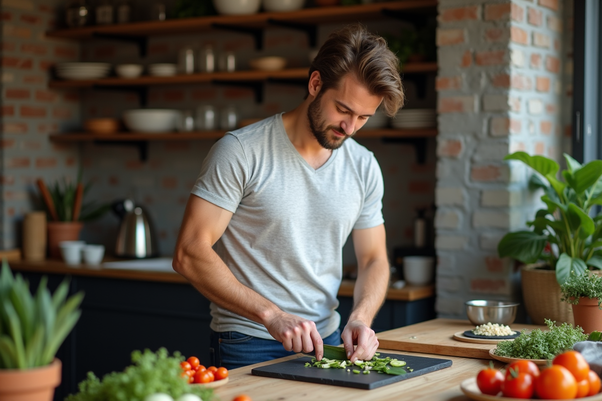 Jeune homme coupant des légumes sur une planche dans une cuisine loft