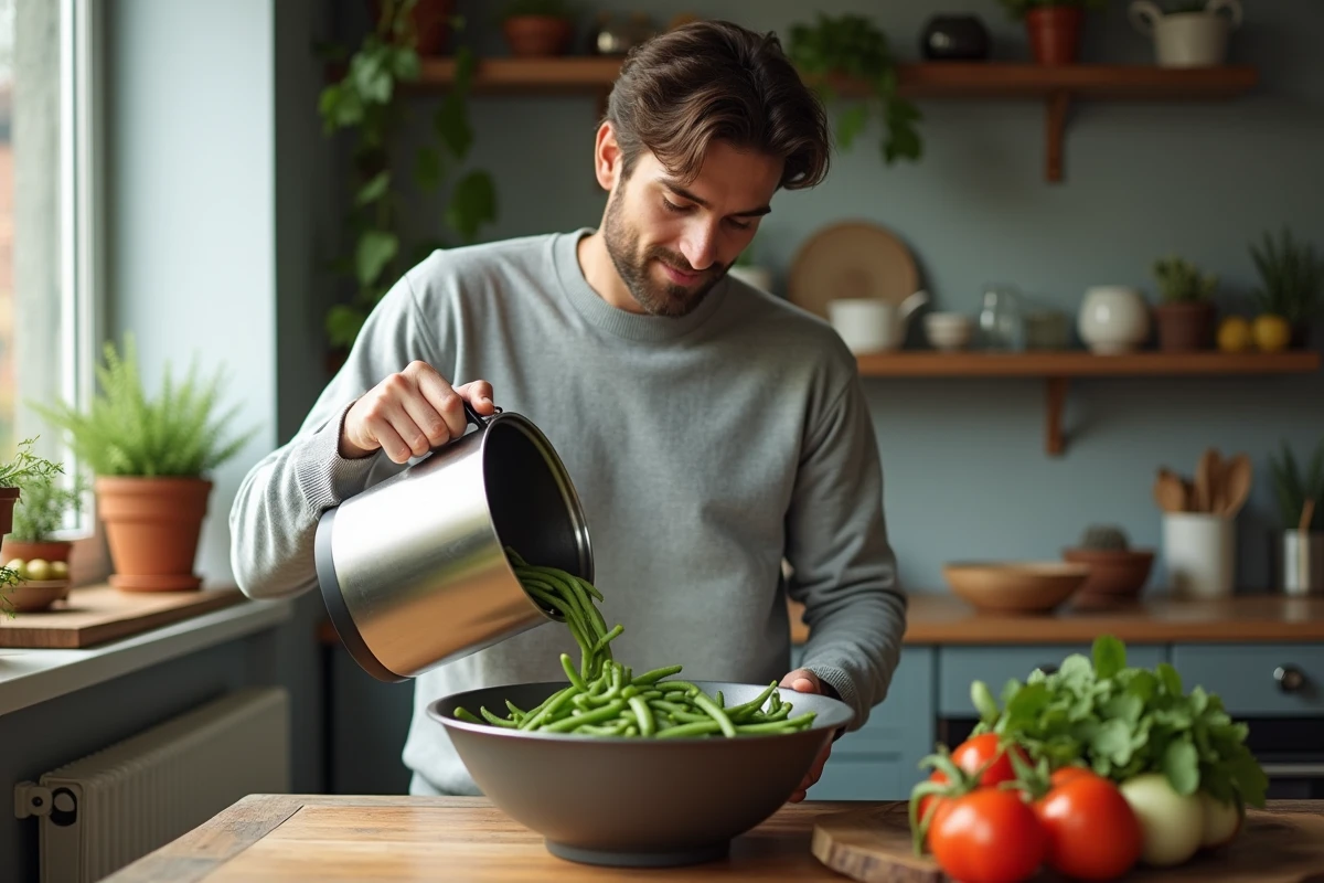 Jeune homme versant des haricots verts dans un bol en cuisine