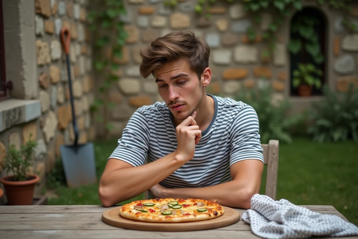Jeune homme examinant une pizza à la courgette dans le jardin