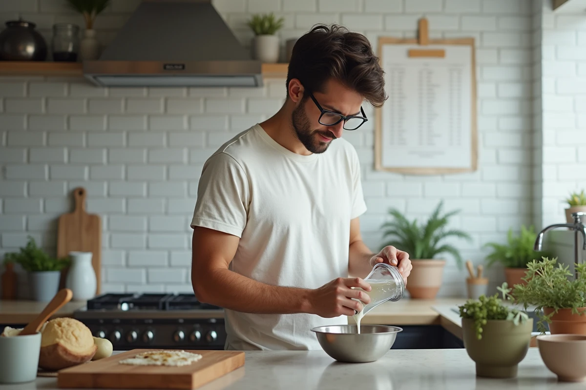 Jeune homme verse du lait dans un bol en cuisine moderne