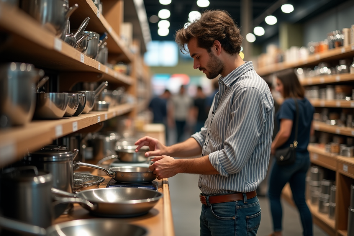 Jeune homme parcourant des casseroles dans un magasin de cuisine