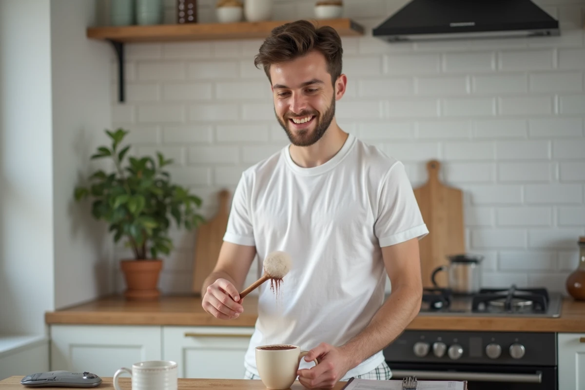Jeune homme versant du cacao sur un mug cake dans la cuisine