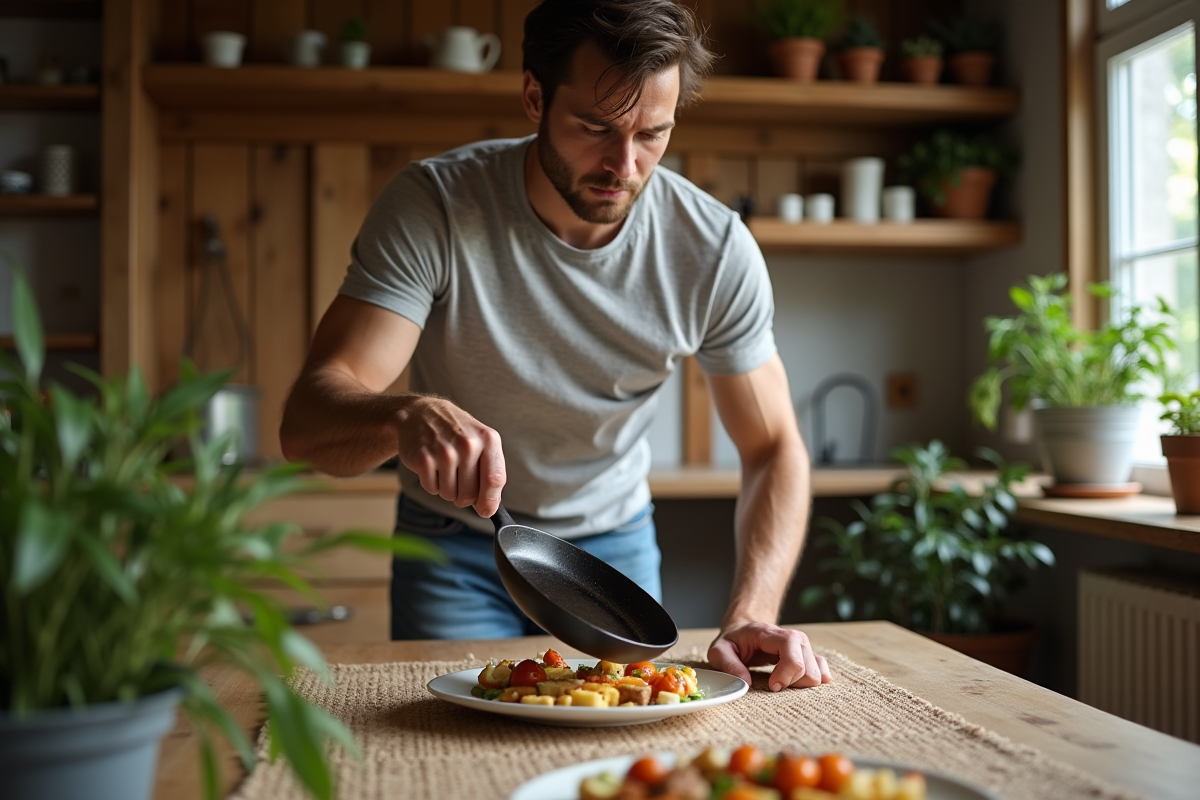 Jeune homme versant des légumes dans une assiette en céramique