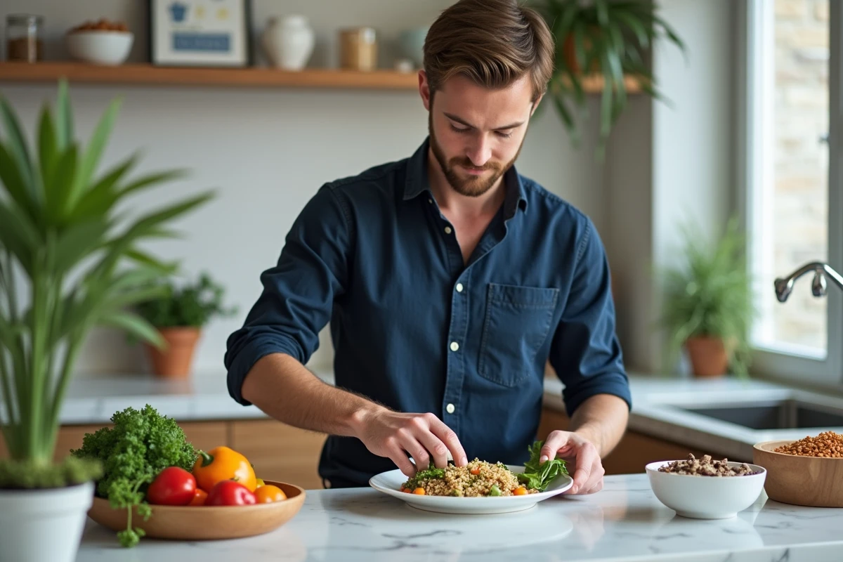 Jeune homme préparant une salade de quinoa colorée dans la cuisine