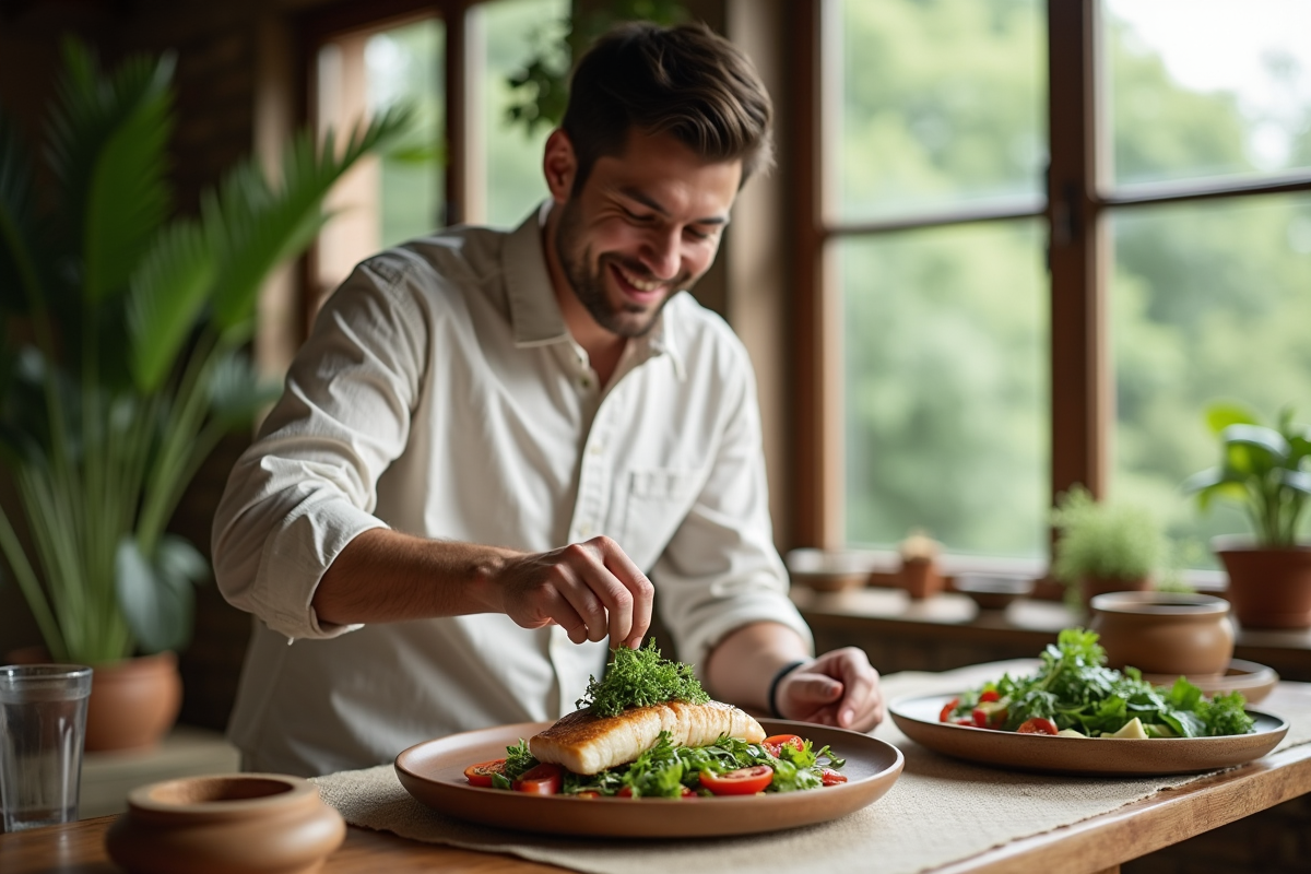 Jeune homme garnissant une assiette de poisson vapeur et légumes