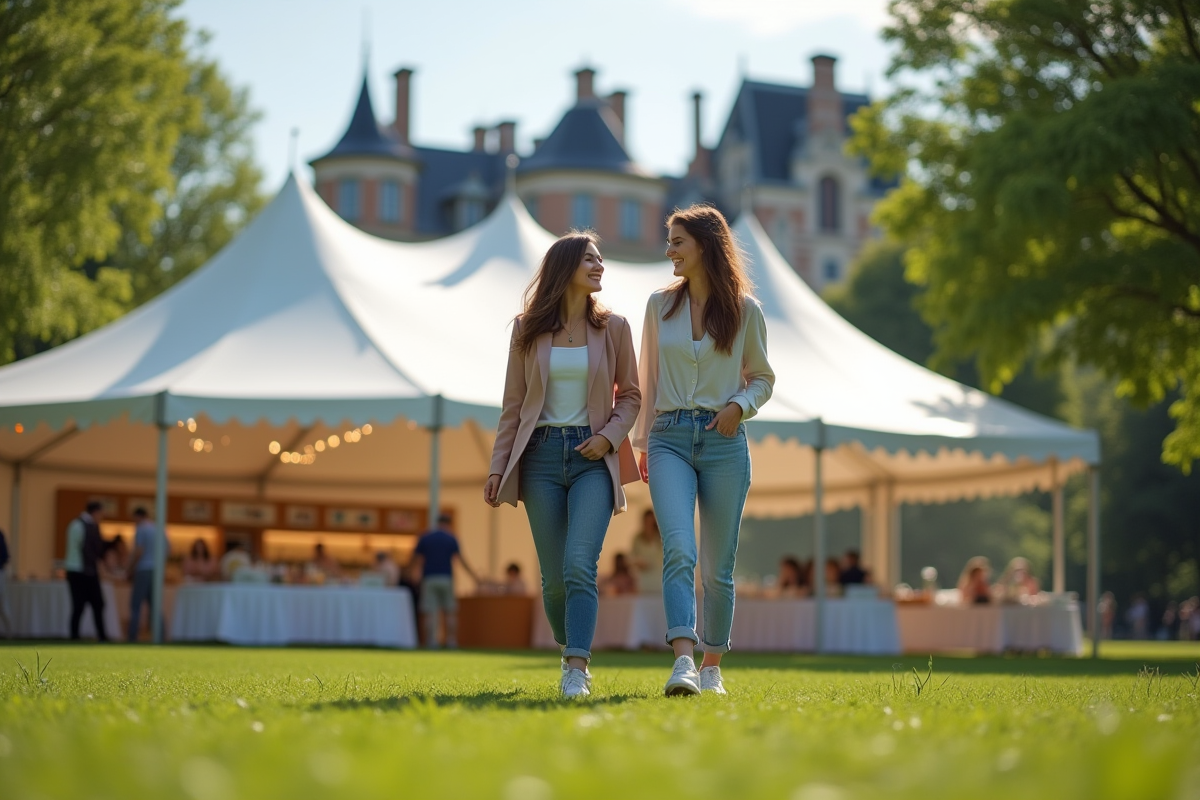 Deux jeunes femmes rient en approchant tente de pâtisserie en plein air