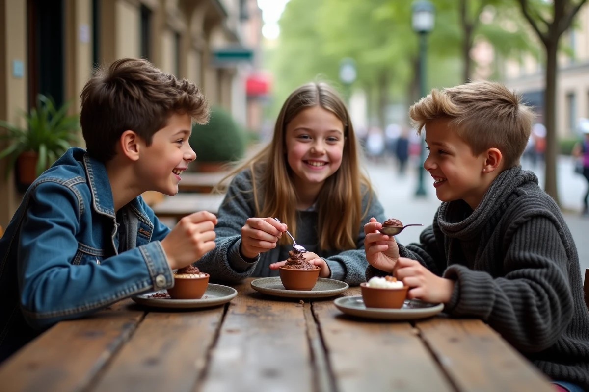 Trois adolescents dégustant crème chocolat en extérieur