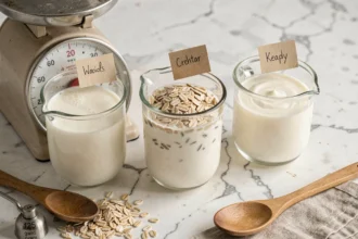 Trois verres doseurs contenant du lait de vache, lait végétal d'avoine et crème, posés sur un marbre blanc avec une balance de cuisine vintage et des flocons d'avoine