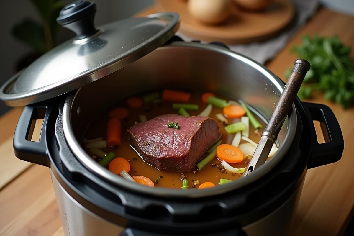 Cocotte-minute ouverte avec langue de bœuf cuite entourée de légumes et d'herbes dans un bouillon savoureux