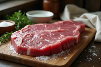 Langue de bœuf crue entière sur planche en bois entourée de sel et d'herbes aromatiques avant dessalage