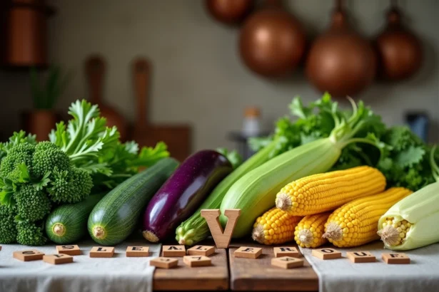 Légumes en V disposés sur une table en bois rustique avec des tuiles de lettres en bois pour jeux de mots