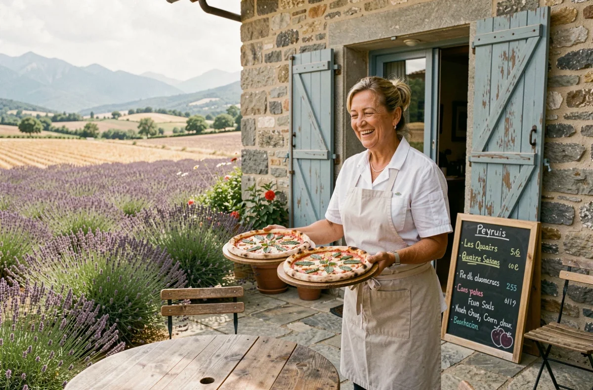 Cheffe des Quatre Saisons à Peyruis portant des pizzas de saison vers une terrasse entourée de champs de lavande en Haute-Provence