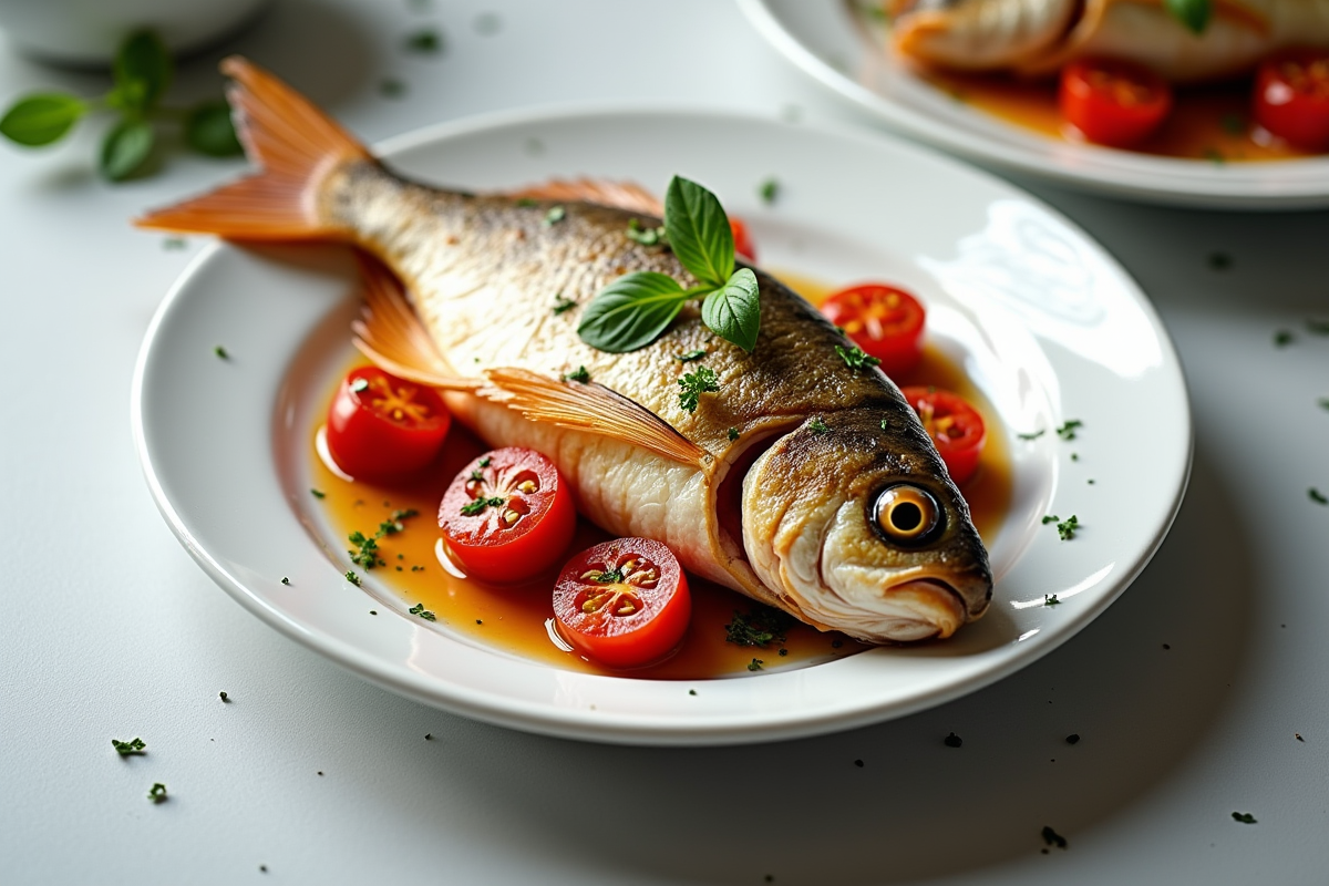 Lieu entier rôti avec herbes et tomates cerises en assiette blanche