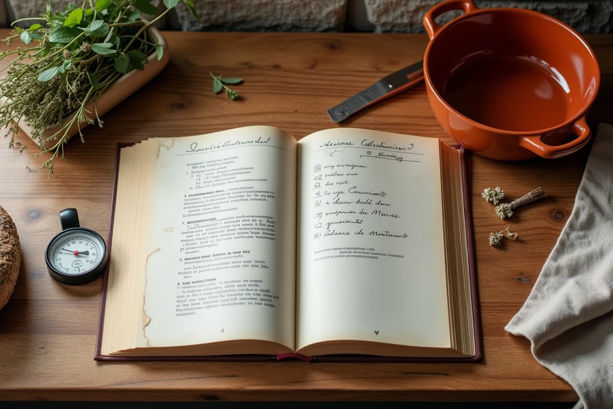 Livre de recettes étranger ouvert avec des notes d'adaptation en français et un thermomètre de cuisine sur un plan de travail rustique
