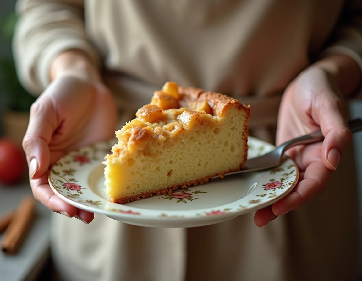 Mains de grand-mère servant une tranche de gâteau au yaourt aux pommes sur une assiette en céramique fleurie