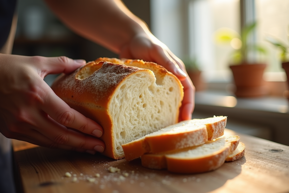 Mains déchirant un pain artisanal avec mie légère