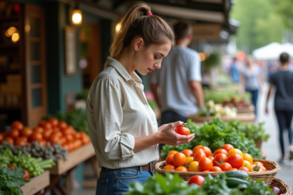 Jeune femme choisissant des légumes frais au marché