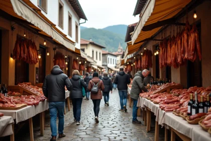 Marché frontalier de Dancharia avec étals de viandes et vins du Pays Basque