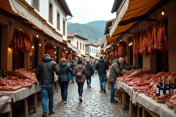 Marché frontalier de Dancharia avec étals de viandes et vins du Pays Basque