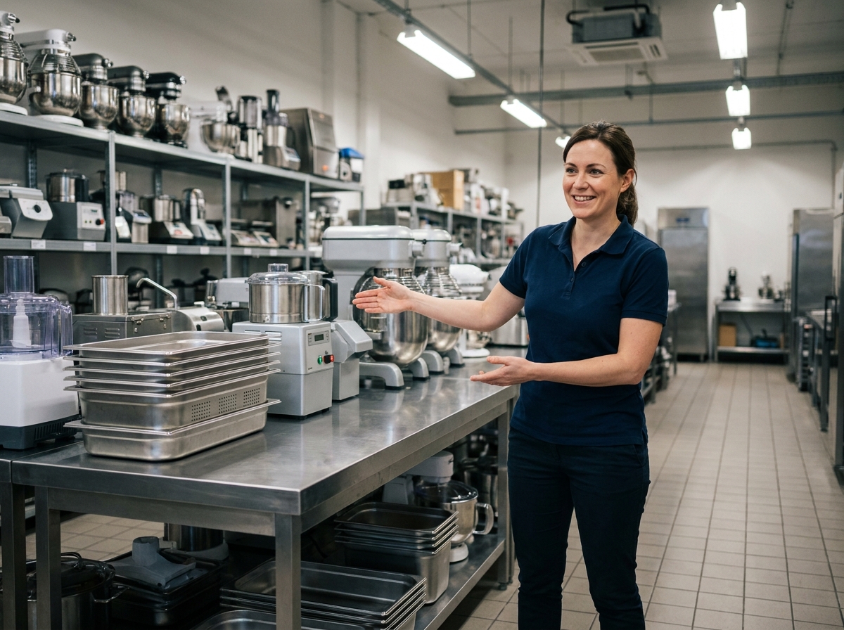 Spécialiste en équipement de cuisine présentant du matériel professionnel dans un showroom de fournitures de restauration