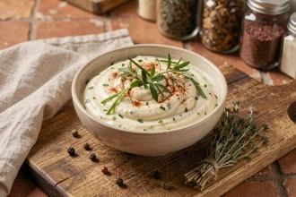 Bol de mayonnaise maison aux herbes fraîches et épices posé sur une planche en bois rustique