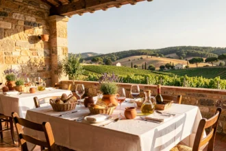 Terrasse de restaurant provençal dans le Var avec vue sur les vignes et collines méditerranéennes