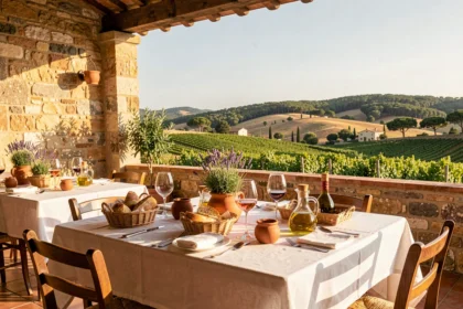 Terrasse de restaurant provençal dans le Var avec vue sur les vignes et collines méditerranéennes
