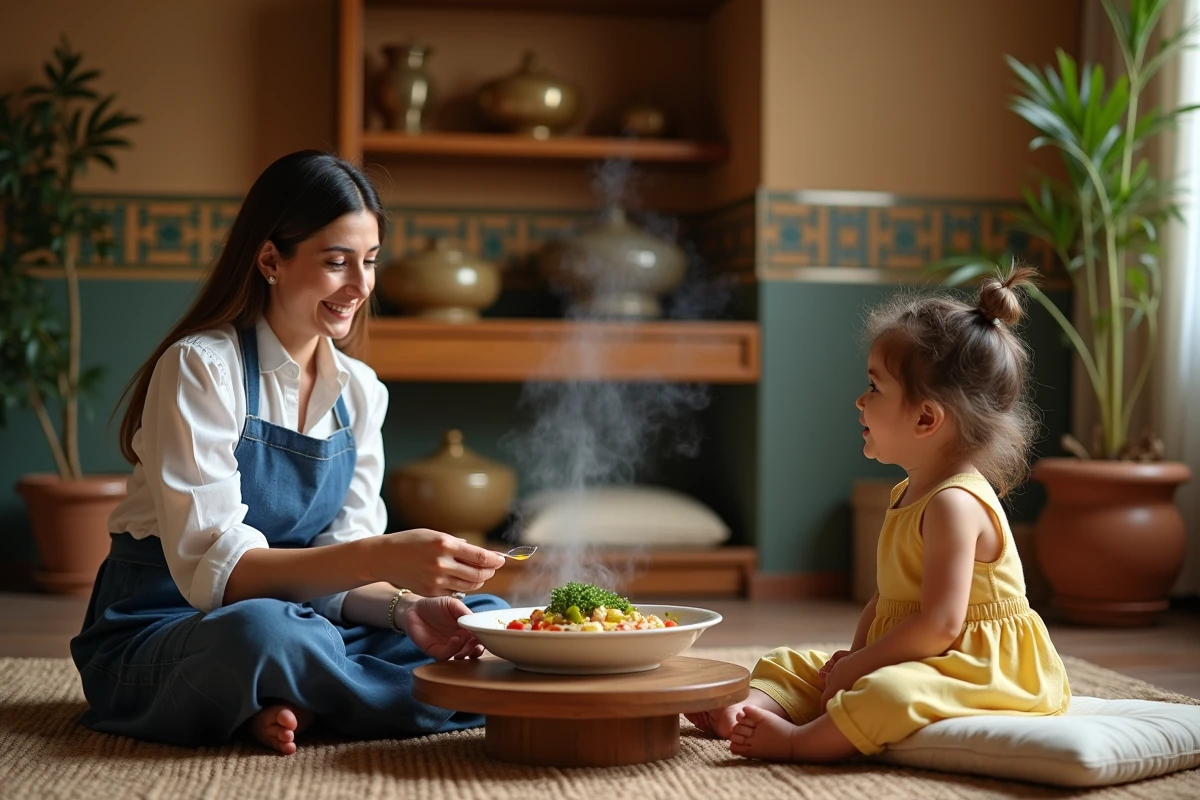 Mère égyptienne servant un bol de ful medames à sa petite fille assise sur un tapis dans un salon traditionnel décoré de mosaïques et de cuivres