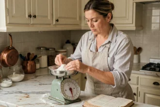 Femme mesurant de la farine sur une balance de cuisine vintage dans une cuisine française traditionnelle avec un livre de recettes ouvert