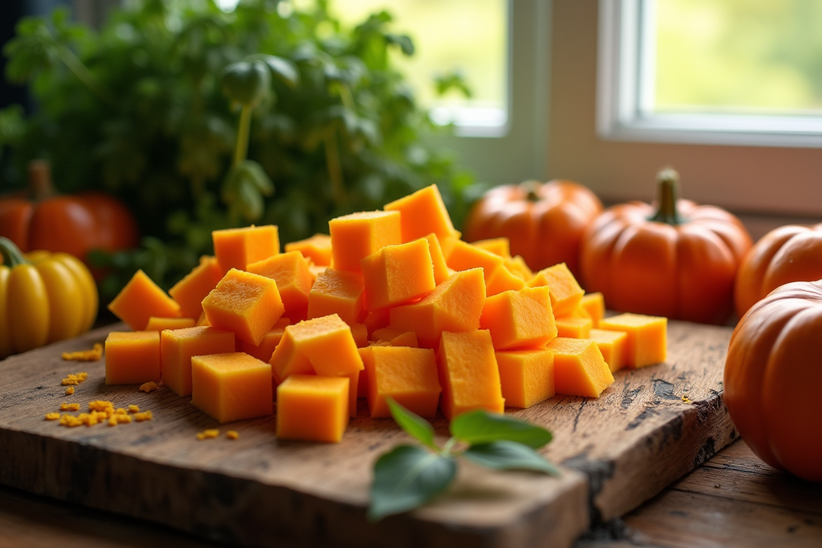 Morceaux de citrouille frais sur une planche en bois rustique