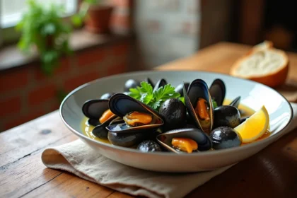 Bol de moules marinières crémeuses servies avec du pain croustillant, préparées au Cookeo en 10 minutes