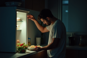 Personne seule la nuit dans la cuisine atteignant une part de gâteau