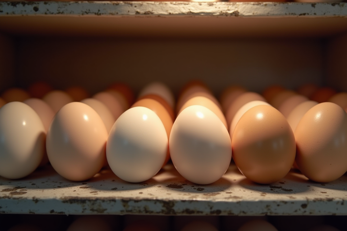 Oeufs stockes sur une étagère rustique du réfrigérateur