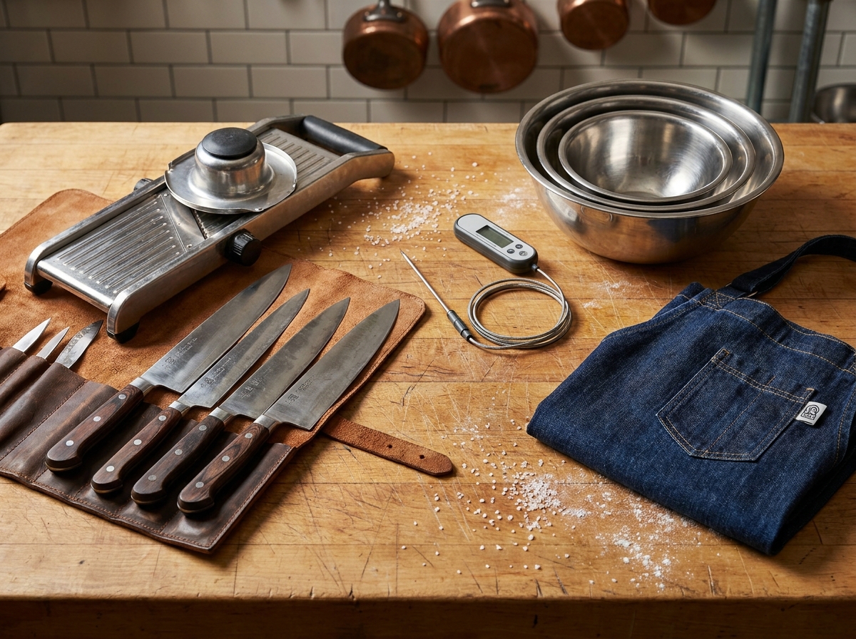 Vue aérienne des outils essentiels d'une cuisine professionnelle disposés sur une planche à découper en bois dans un restaurant