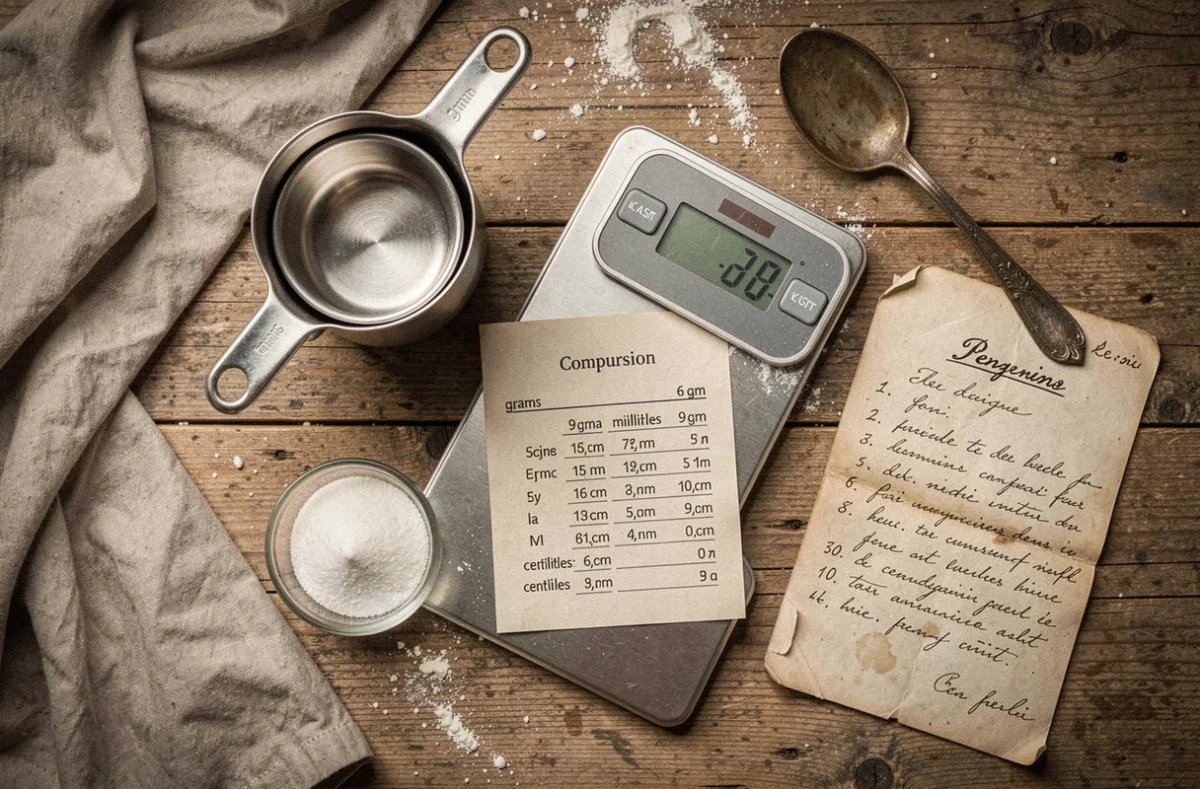 Vue du dessus d'une table en bois avec des outils de mesure de cuisine, une balance numérique en grammes, un tableau de conversion centilitres et millilitres et une recette manuscrite française