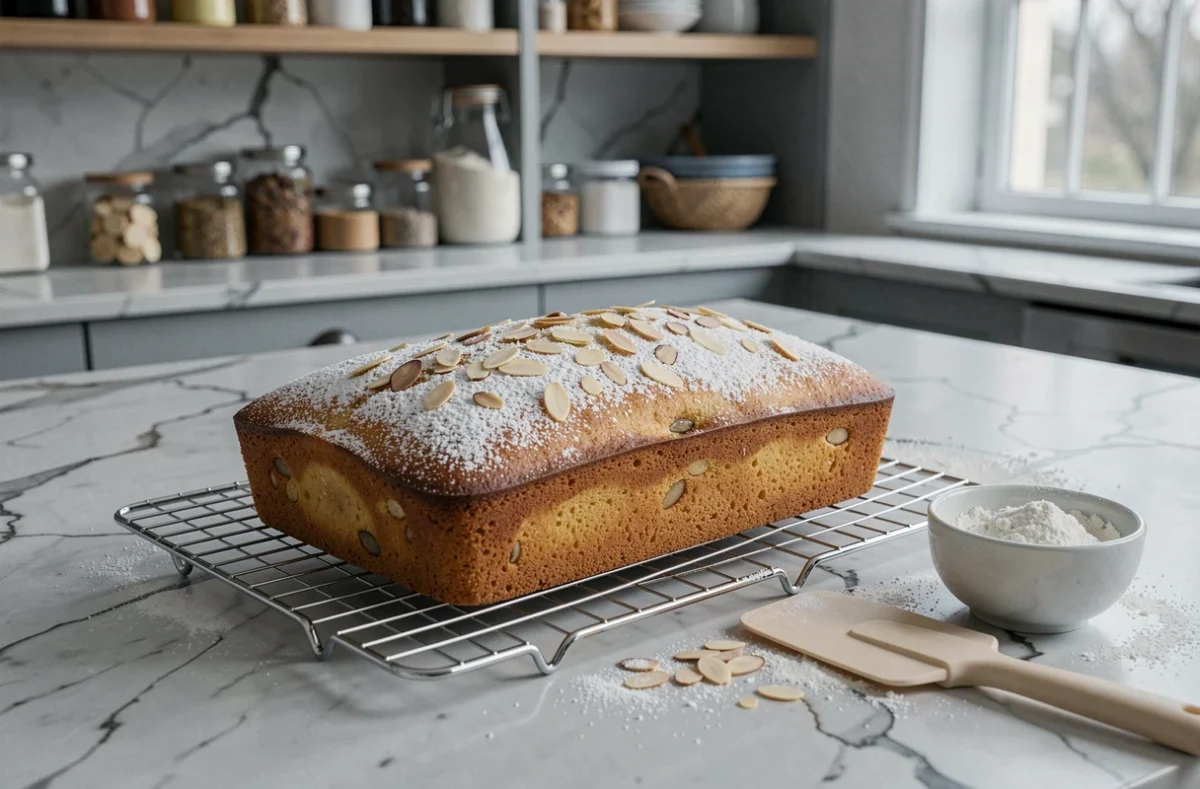 Pain de Gênes sans beurre entier sur grille de refroidissement avec amandes effilées et sucre glace dans une cuisine maison