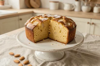 Pain de Gênes sans beurre coupé en tranches sur un présentoir en céramique blanche, révélant un intérieur moelleux et doré aux amandes