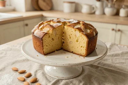 Pain de Gênes sans beurre coupé en tranches sur un présentoir en céramique blanche, révélant un intérieur moelleux et doré aux amandes