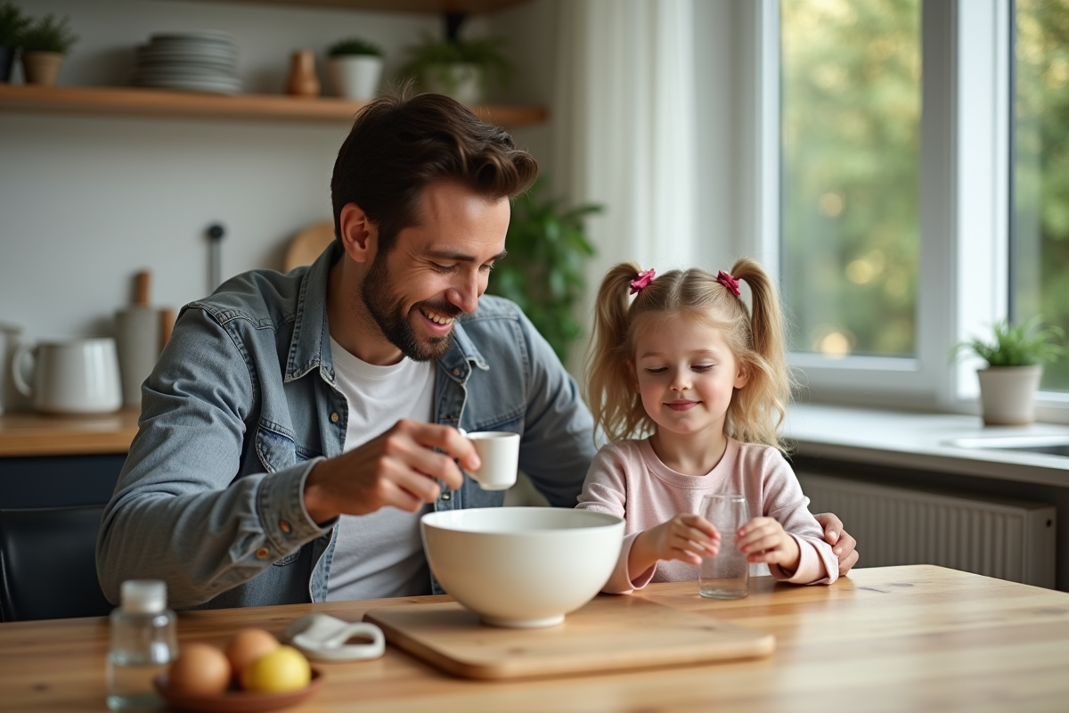 Père et fille lisant une recette et mesurant de l