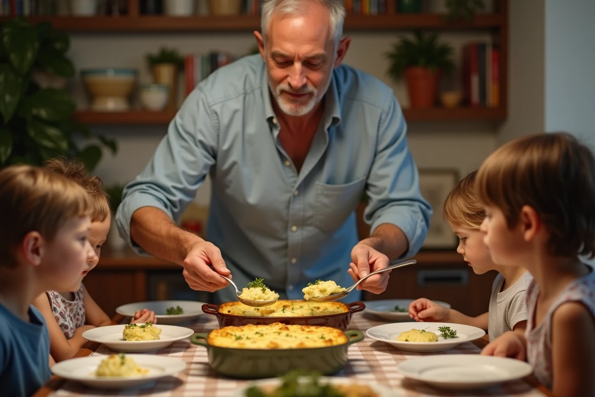 Pere servant le gratin de zucchini aux enfants à table