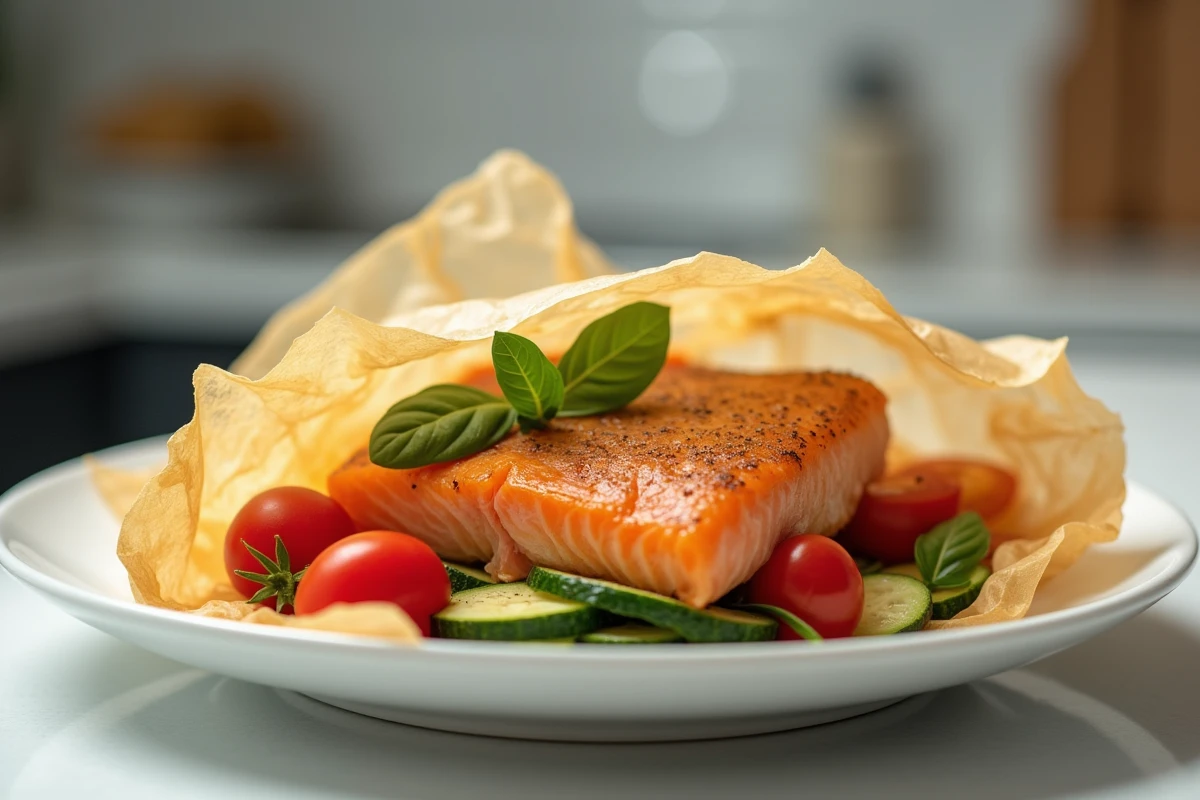 Papillote de saumon ouverte révélant une chair feuilletée avec tomates cerises et courgettes sur assiette blanche