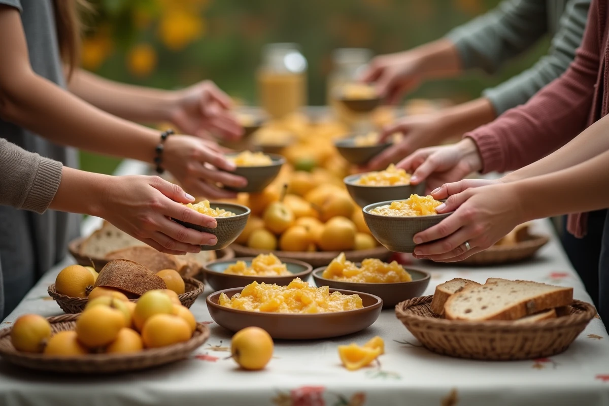 Enfants et adultes partageant du miel de coings lors d’un repas en extérieur