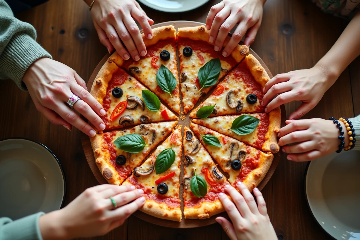 Mains diverses attrapant une part de pizza appétissante