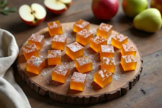 Pâtes de fruits pomme et poire maison disposées sur une planche en bois rustique avec des fruits frais, vue de dessus