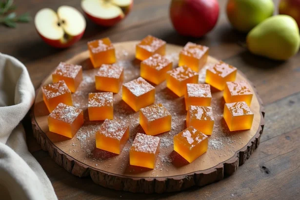 Pâtes de fruits pomme et poire maison disposées sur une planche en bois rustique avec des fruits frais, vue de dessus