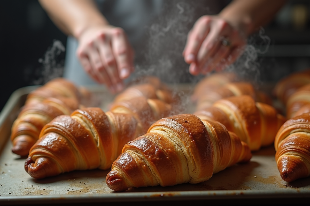 Mains de boulanger arrangeant des croissants chauds